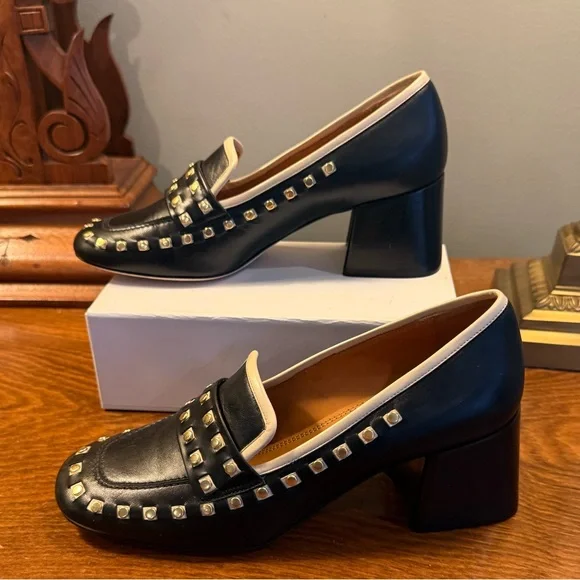 Tory Burch Perfect Black/Dulce De Leche Leather Studded Loafer Heel Size 5 $350 - Picture 8 of 14